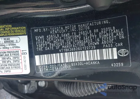 2006 Toyota Avalon Xl из США, поврежденный, VIN 4T1BK36B26U122739